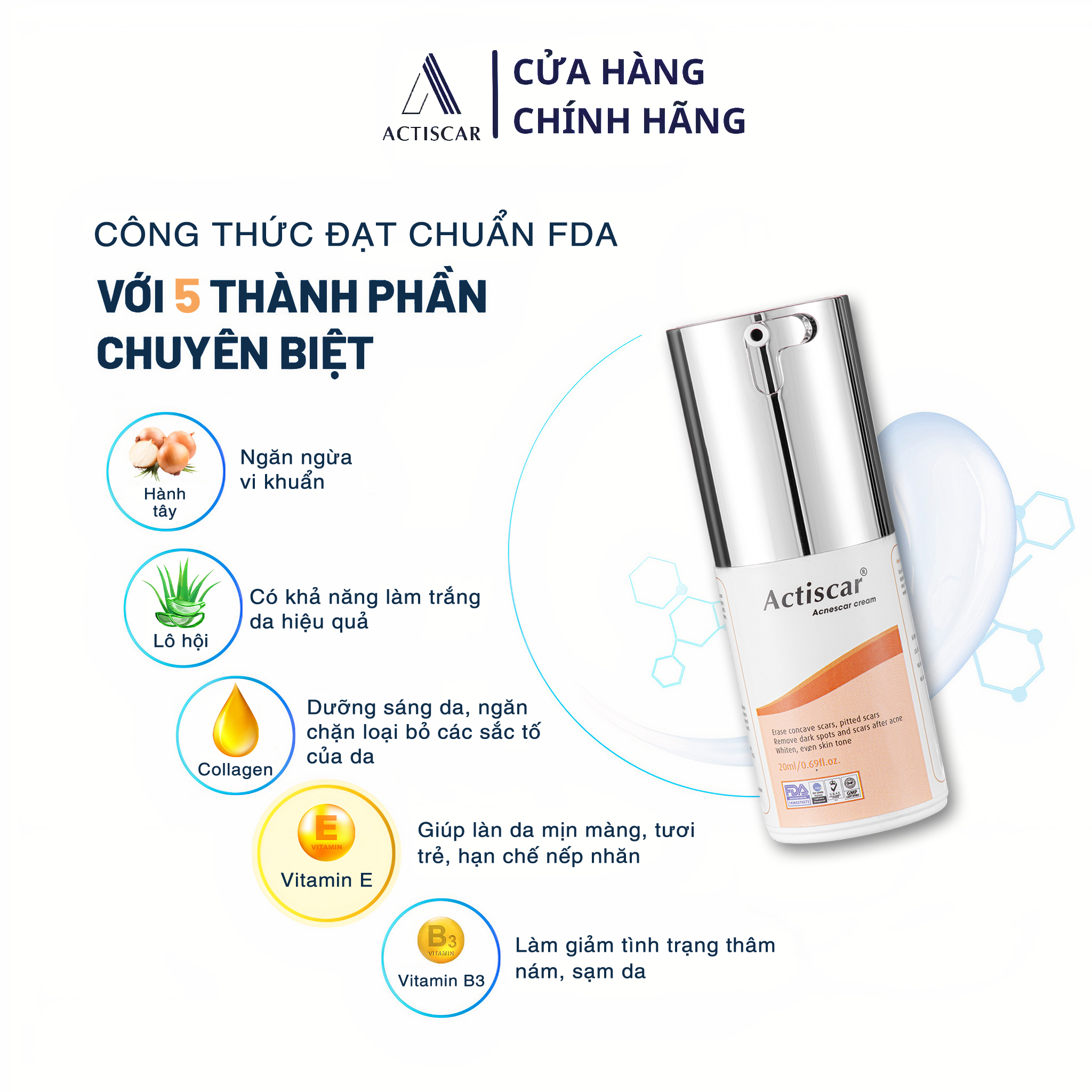 Kem Xóa Sẹo Lõm, Sẹo Rỗ Actiscar 20ml hỗ trợ làm mờ sẹo rỗ, lấp đầy sẹo lõm