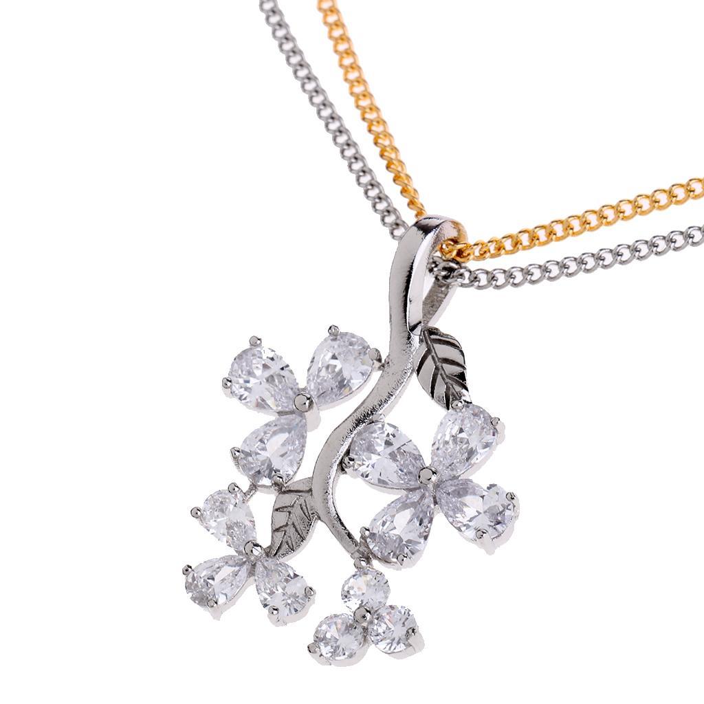 Silver Rhinestone Tree Branch Charm Pendant Necklace Long Chain Jewelry