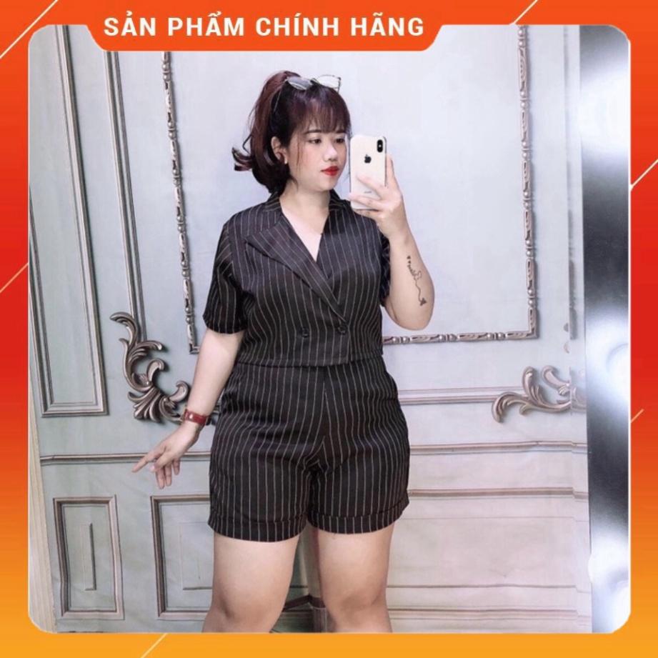 BIGSIZE 50-90KG Set áo vest croptop quần short/đùi vải kate sọc đen cổ V tay ngắn đùi cổ V