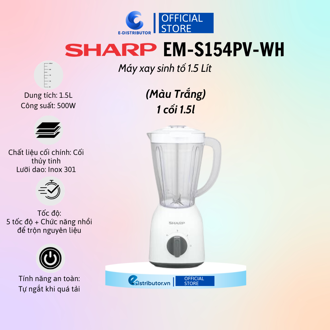 Máy xay sinh tố Sharp EM-S155GV-ST/EM-S154PV-WH - Hàng chính hãng - Bảo Hành 6 Tháng