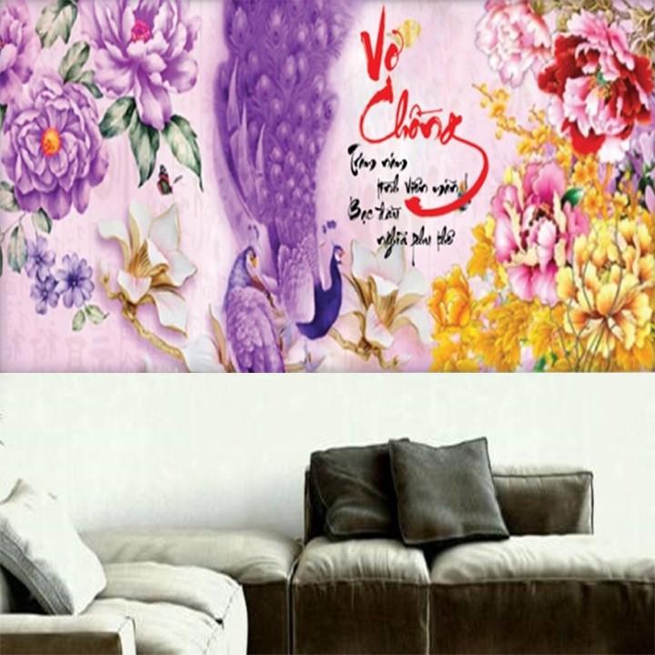 Tranh thêu vợ chồng công tím hoa mẫu đơn X8274 - kích thước: 92 * 43cm.
