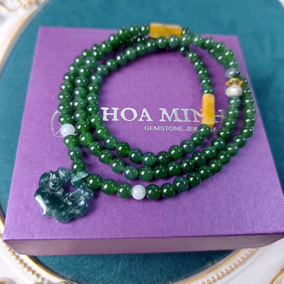 Vòng chuỗi 108 hạt Ngọc Bích Nephrite size 5 li phối Charm Khoá Trường Mệnh Lam Ngọc phong thủy bình an, tài lộc