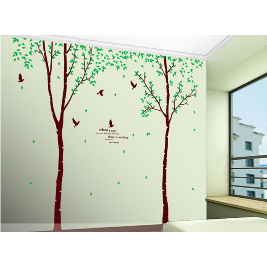 Decal trang trí tường - 2 Cây mỏng lá xanh nhí Chim Đen size lớn