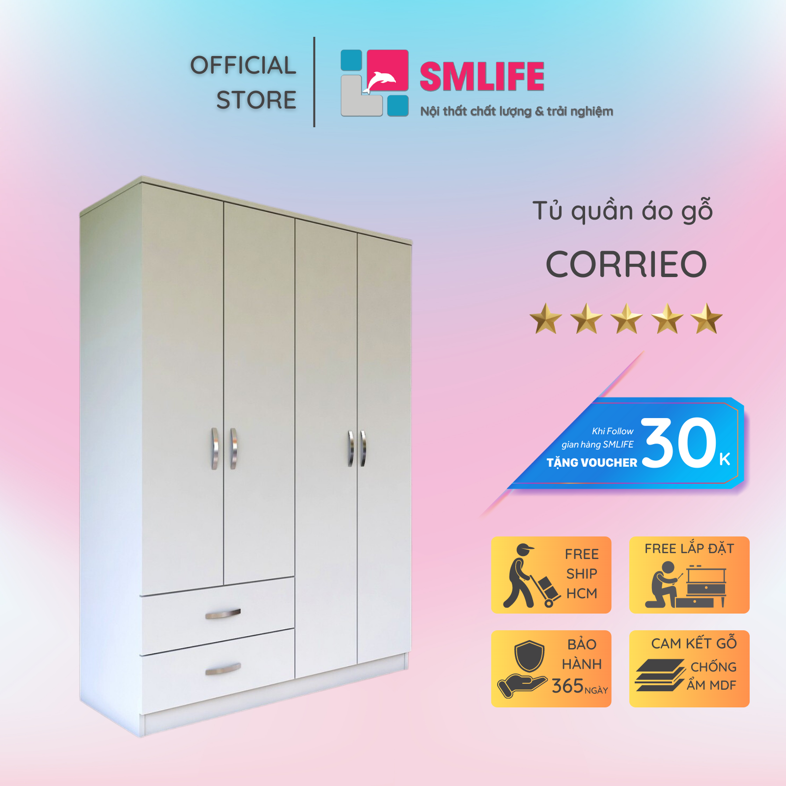 Tủ quần áo gỗ hiện đại SMLIFE Corrieo | Gỗ MDF dày 17mm chống ẩm | D120xR47xC180cm