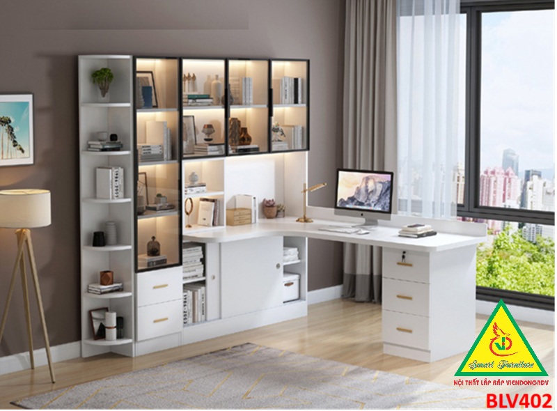 BÀN HỌC – BÀN LÀM VIỆC LIỀN KỆ GỖ MDF TỦ CÁNH KÍNH CÓ ĐÈN LED BLV402 - NỘI THẤT LẮP RÁP VIENDONGADV