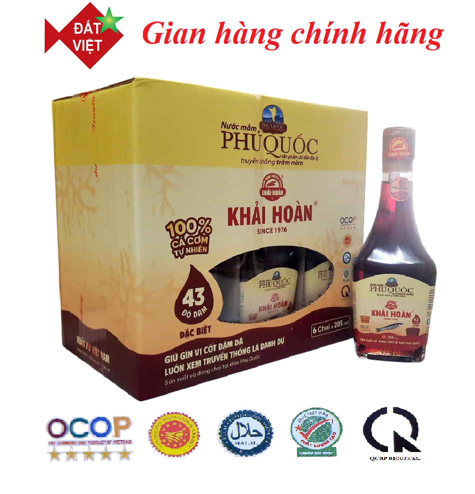 Nước mắm Khải Hoàn Phú Quốc 40-43 độ đạm thùng 6 chai thủy tinh 205ml