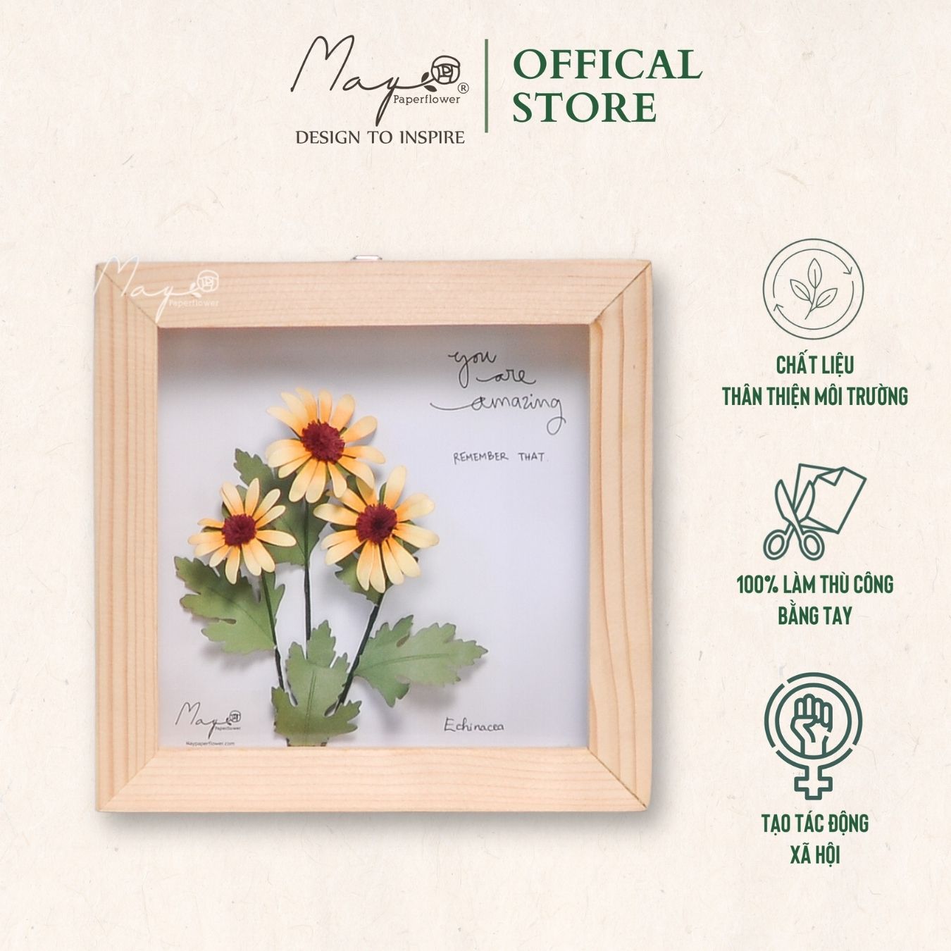 Tranh Hoa Giấy Handmade Trang Trí - Cúc Mỹ Echinacea Vàng MAYPAPERFLOWER Khung Gỗ Size 19x19cm