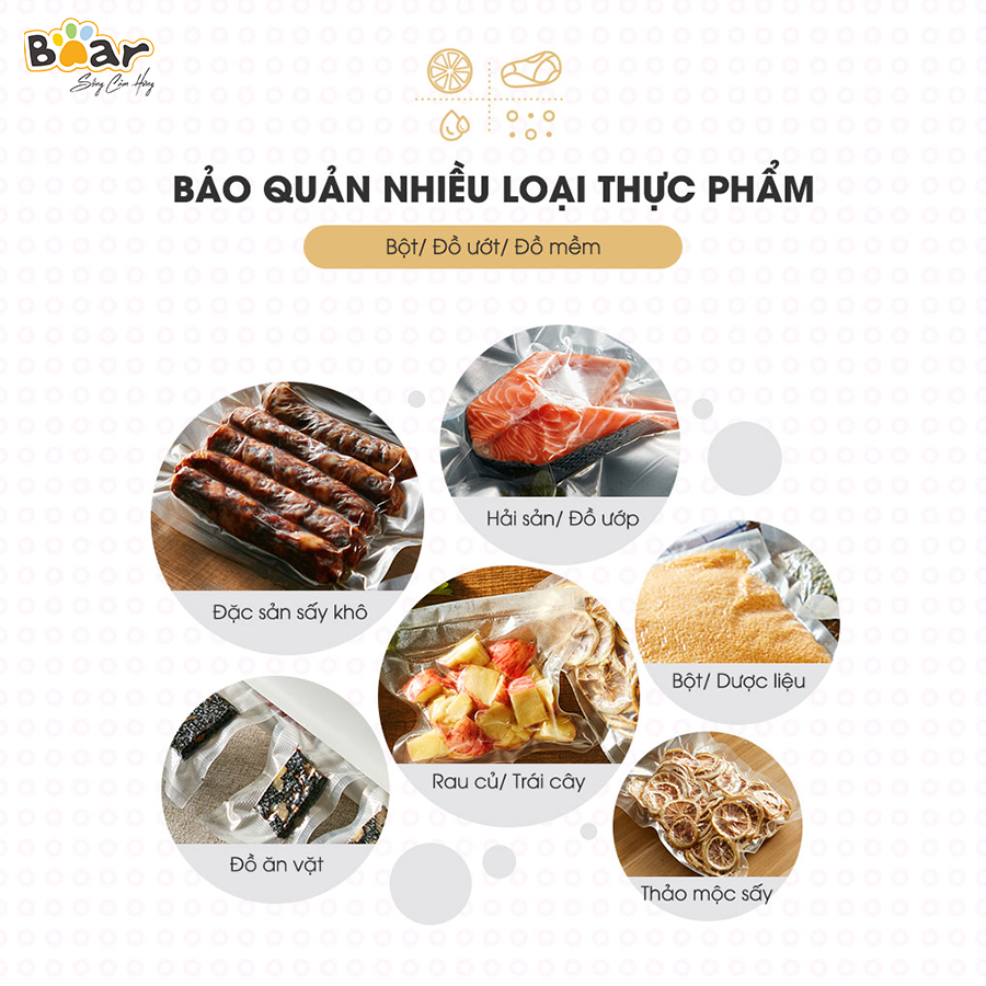 [Hàng Chính Hãng]Máy hút chân không thực phẩm Bear VS-B01V1 màu trắng công suất 130W. Lực hút mạnh, áp suất 70KPA, hút được 8L/phút. Từ đó, thực phẩm sẽ được bảo quản lên đến 2 tuần trong ngăn mát - 2 tháng trong ngăn đông đá