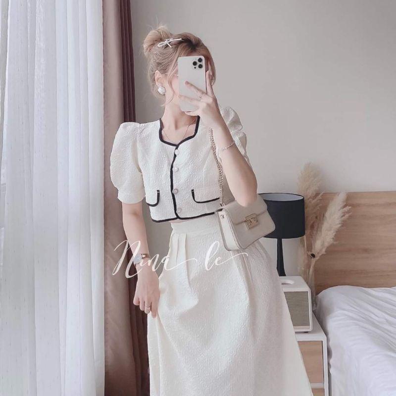 SET ÁO CROPTOP VIỀN XỐP VỚI CHÂN VÁY DÀI