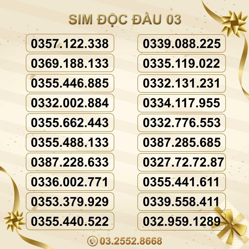 Sim Số Đẹp Độc Đầu 03 Viettel List 2, Giá Cực Rẻ, HỖ TRỢ ĐĂNG KÝ CHÍNH CHỦ-HÀNG CHÍNH HÃNG