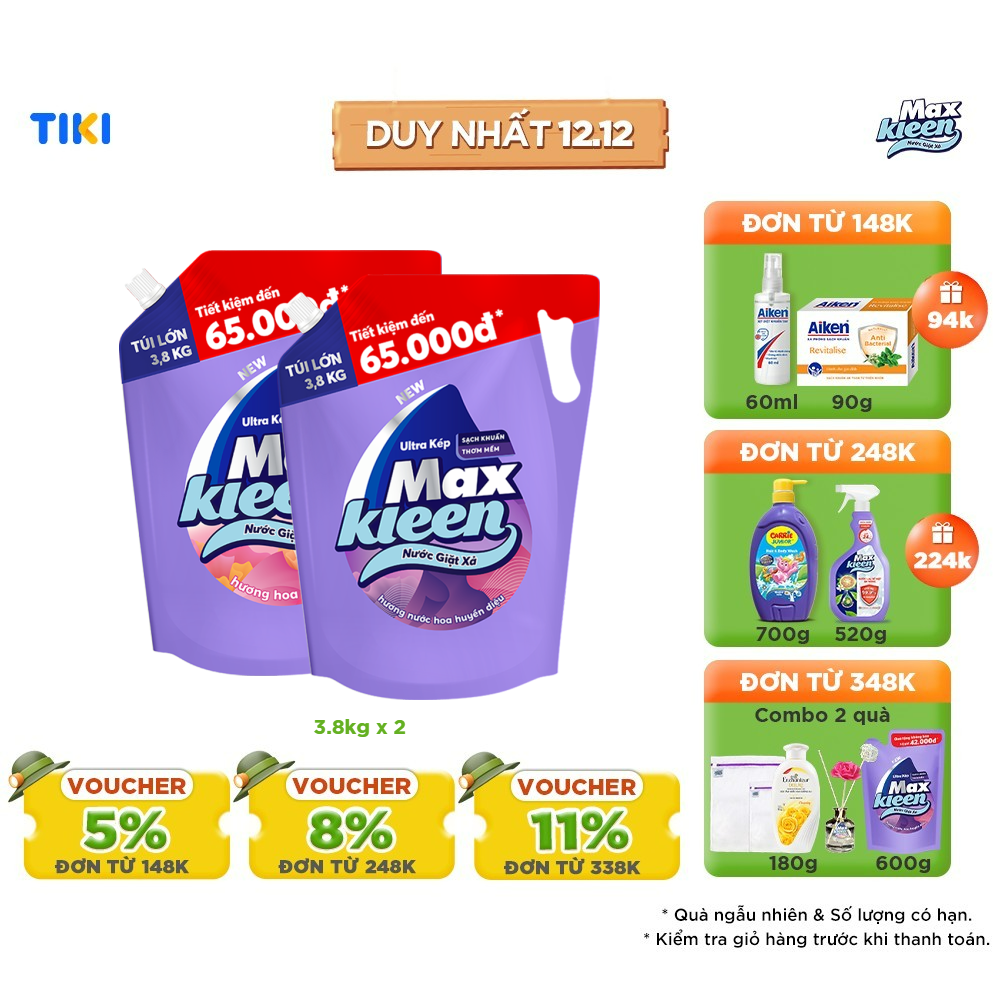 Combo Túi Nước Giặt Xả MaxKleen Hương Huyền Diệu Túi 3.8kg + Hương Hoa Nắng 3.8kg