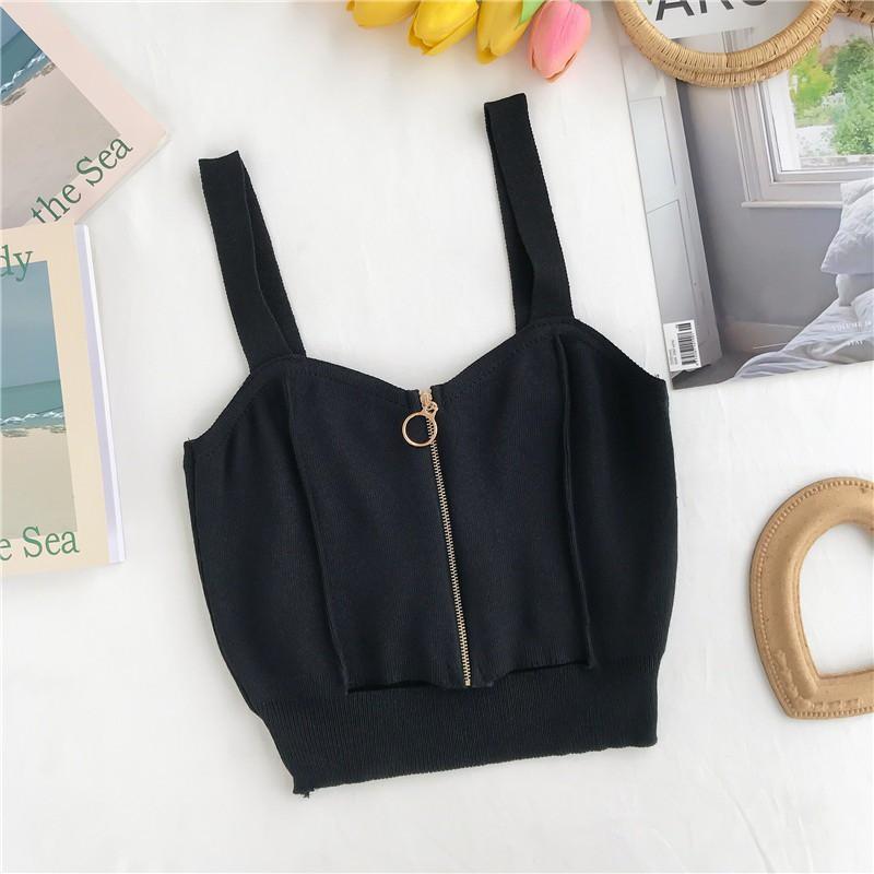 Áo dệt kim sát nách phối khóa kéo thiết kế kiểu dáng quyến rũ