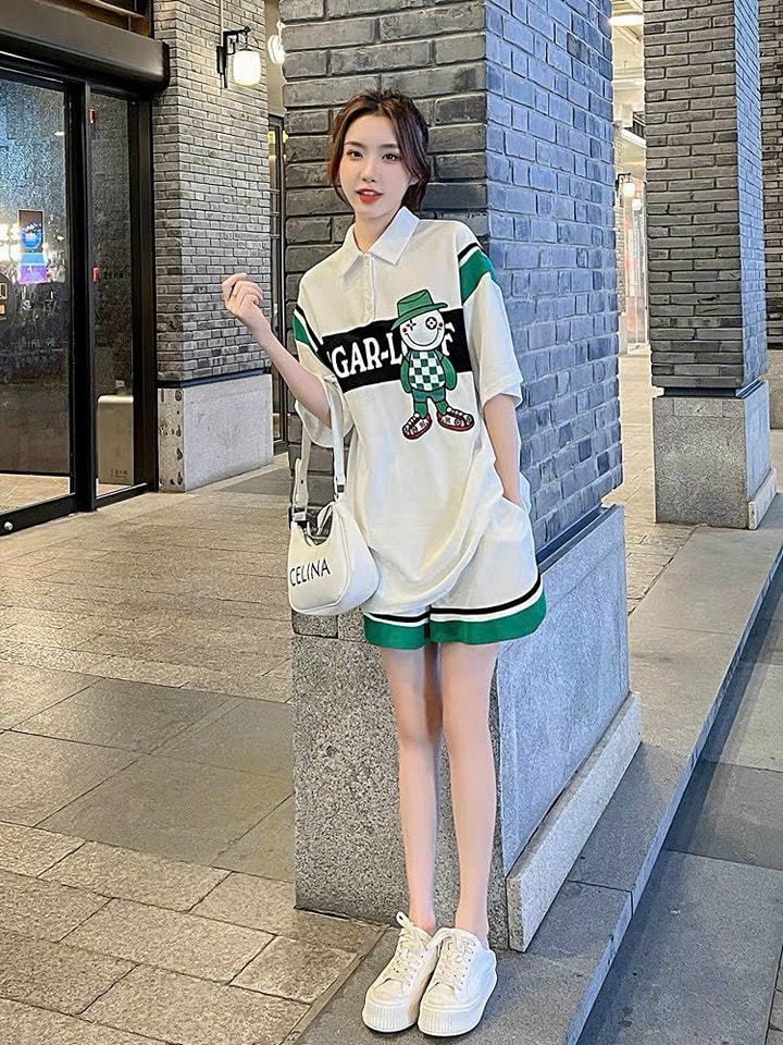 Set bộ đùi nữ len viền xanh in họa tiết, set bộ short len nữ cổ sơ mi phối viền - Hàng nhập cao cấp