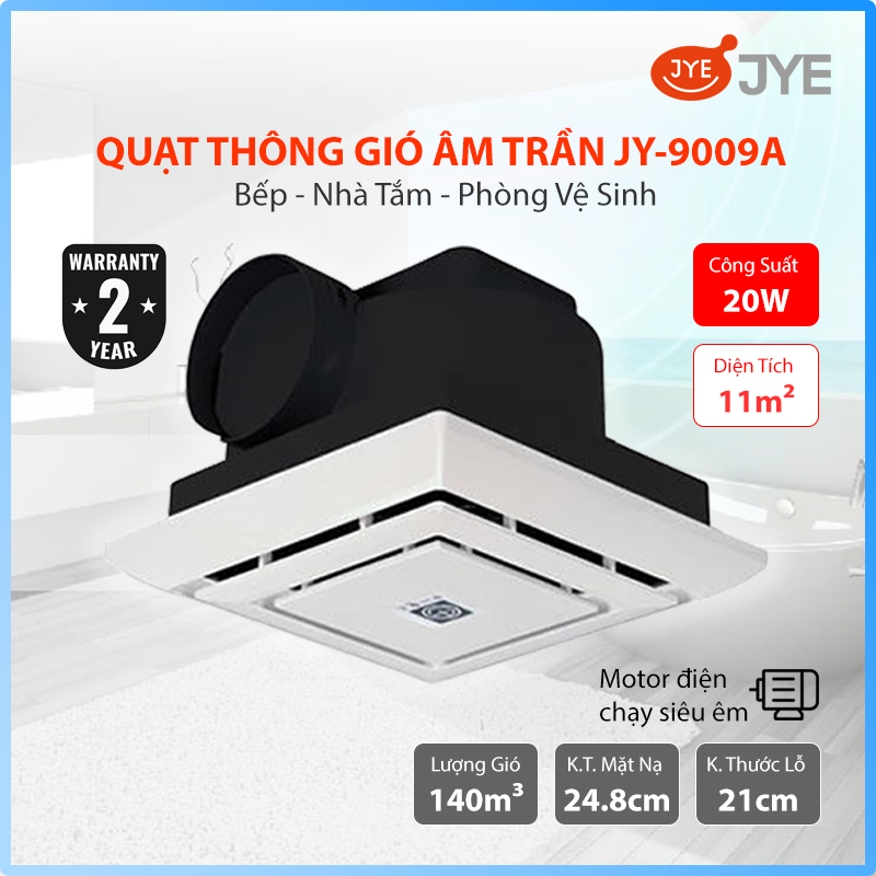 Quạt Hút Thông Gió Gắn Âm Trần JYE (JY-9009A) Công Suất 20W, Đường Ống Ngang Dùng Cho Nhà Vệ Sinh &amp; Phòng Tắm - Hàng Chính Hãng