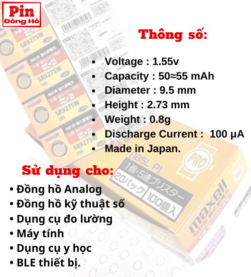 [HCM] Pin 927 Maxell SR927SW PRO - 1 vỉ 5 viên - Dùng cho Cmos, đồ chơi, thiết bị điện tử, đồng hồ