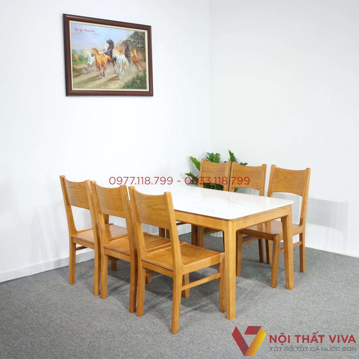 Bàn Ăn Gỗ Sồi 6 Ghế Cao Cấp Mặt Đá Trắng Hiện Đại