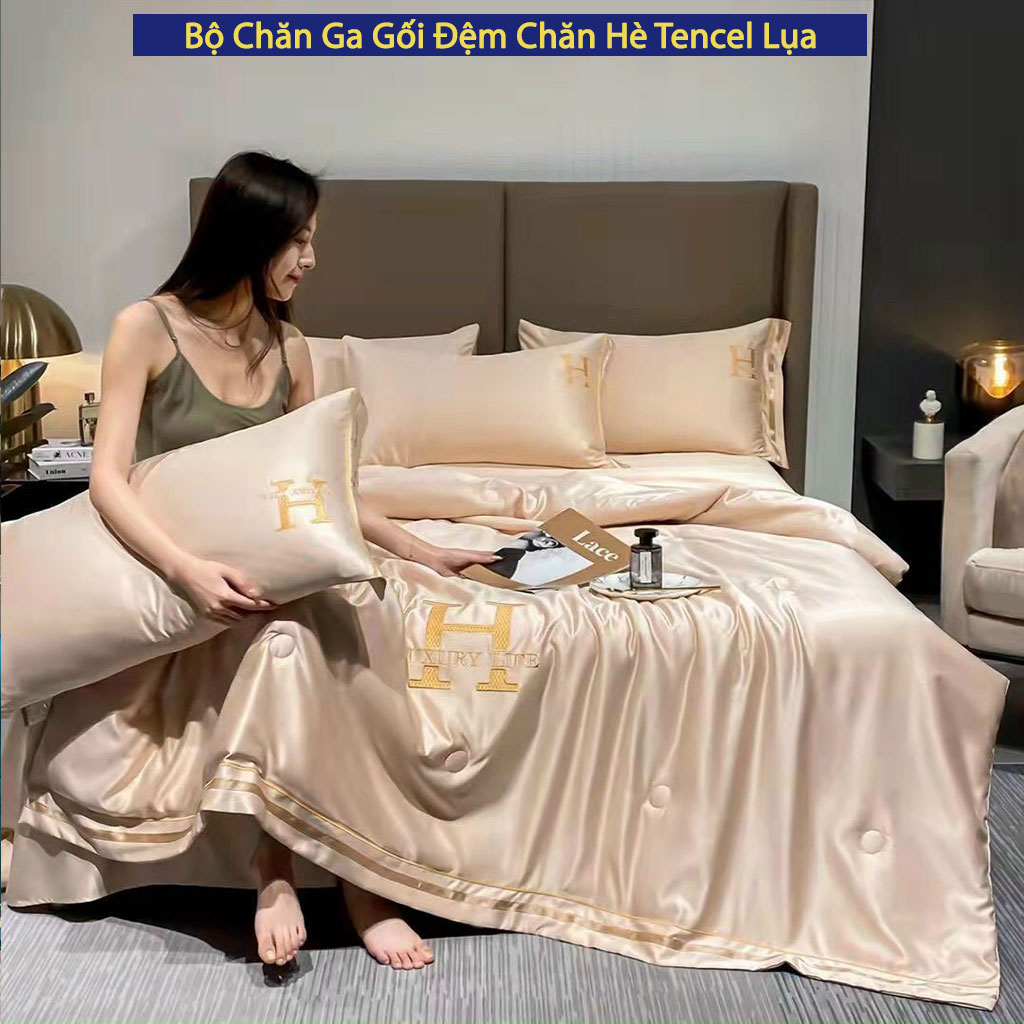 Bộ Chăn Ga Gối Nệm Đệm 5 Món Phi Lụa Chữ H Luxury Cao Cấp Bo Chun Drap Giường Chăn Chần Bông