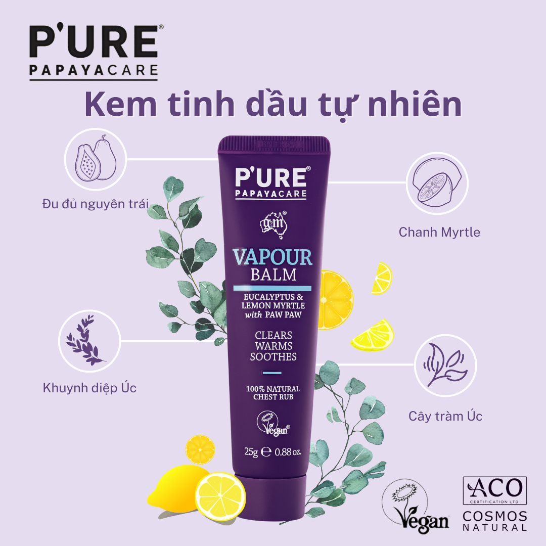 Kem tinh dầu tự nhiên P’URE Papayacare Vapour Balm 25gr