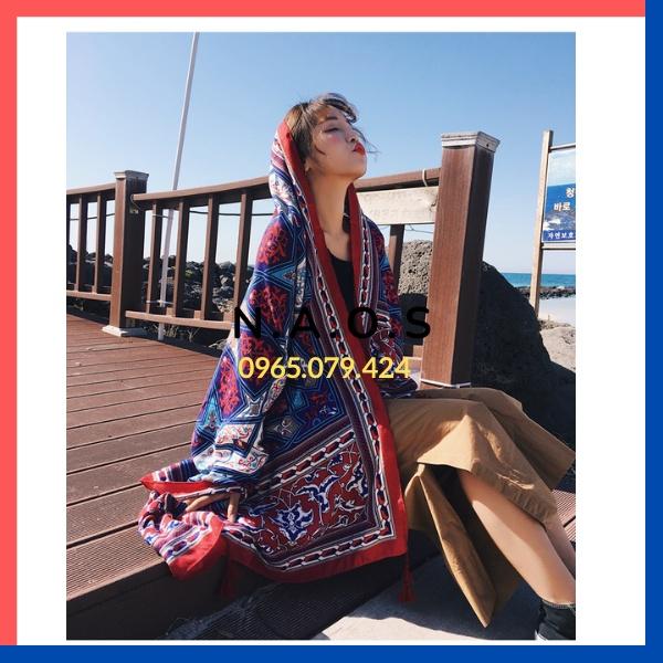 Khăn Choàng Quàng Cổ Boho Họa Tiết Thổ Cẩm Màu Xanh Lam - Chất Liệu Cotton - Size:90x180cm