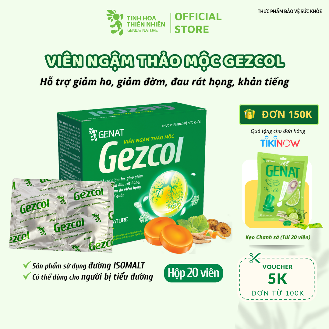 Viên ngậm thảo mộc Gezcol Hỗ trợ giảm ho, giảm đờm, giảm đau rát họng, khản tiếng - Genat - Giao 2H HCM