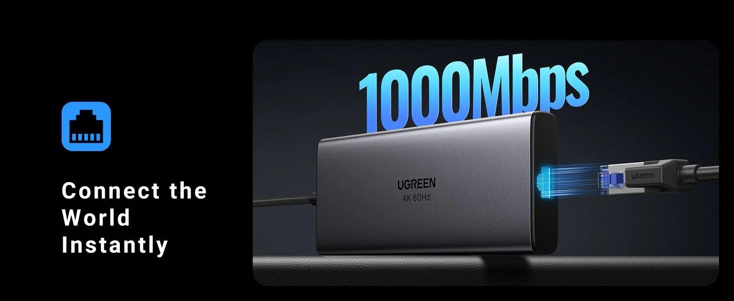 Ugreen UG15532CM498TK USB type C sang 1 x HDMI 4K60hz + 1 x USB-C 3.2 + USB-A 3.2 10Gbps + 1 x RJ45 1Gbps + TF + SD + 2 x USB 3.0 + 1 x USB-C PD 100W Bộ chuyển 9in1 - HÀNG CHÍNH HÃNG