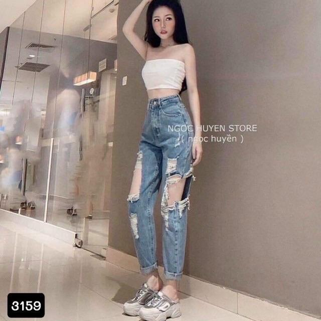 Quần baggy jean, quần bò baggy 9 tấc lưng cao rách gối - 110N