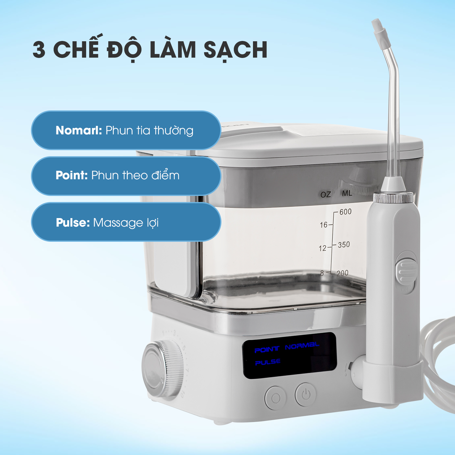 Má́y Tăm Nước Gia Đình Waterpush 1912 - Bình chứa 600ml siêu lớn - 10 chế độ áp lực nước - Áp suất nước tiêu chuẩn đẩy sạch mảng bám