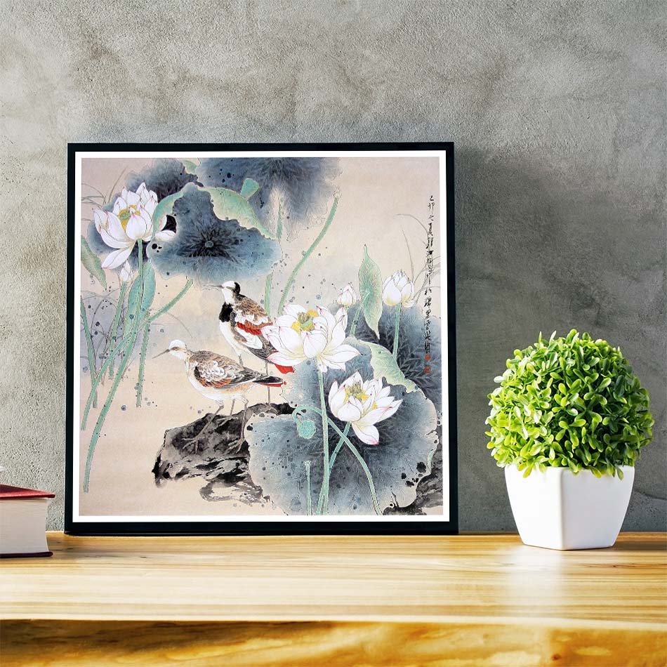 Bộ 3 tranh canvas hoa sen bút pháp thủy mặc HS3T01