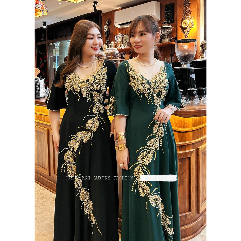 Đầm Xòe Dạ Hội Xanh Rêu Dáng Dài Tay Loe Đính Đá Cao Cấp Kane Dress