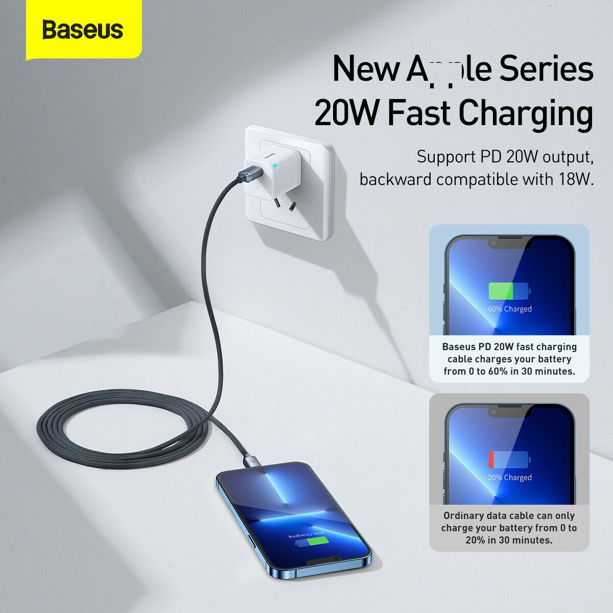 Cáp sạc nhanh và truyền dữ liệu Ba-se-us PD 20W, Ba-se-us Crystal Shine Series Fast Charging Data Cable C to iP 20W - Hàng chính hãng
