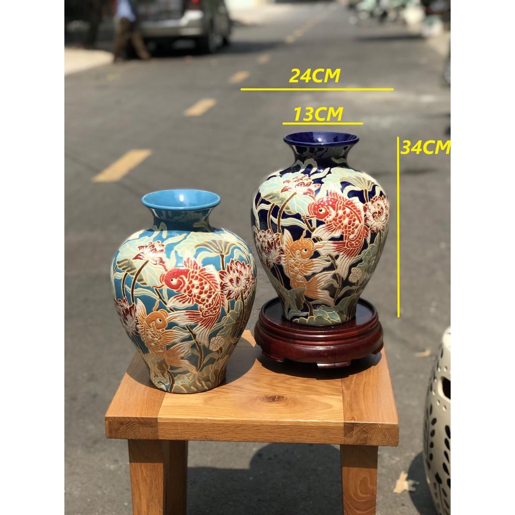 Bình Sen Cá Chép Gốm Sứ Thủ Công Nam Bộ Decor Trang Trí Cắm Hoa 34cm