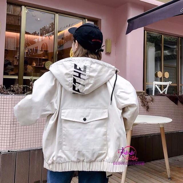 Áo kaki túi hộp nữ nón hai lớp in kí tự