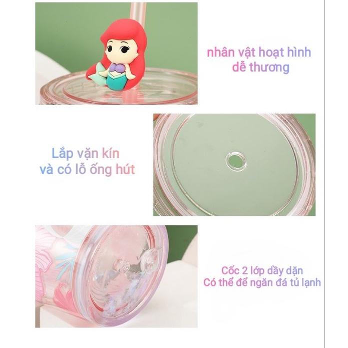 Ly ,cốc Dlsney trong suốt 2 lớp kim tuyến rơi bên trong kèm ống hút hình 3D siêu đẹp cho bé