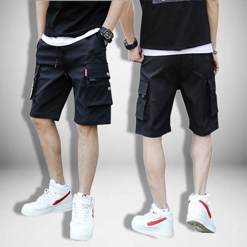 Quần Short Kaki Túi Hộp khóa dây nai nam - Sọt Lững Kiểu Dáng Thể Thao Unisex một Màu Đen 03x.