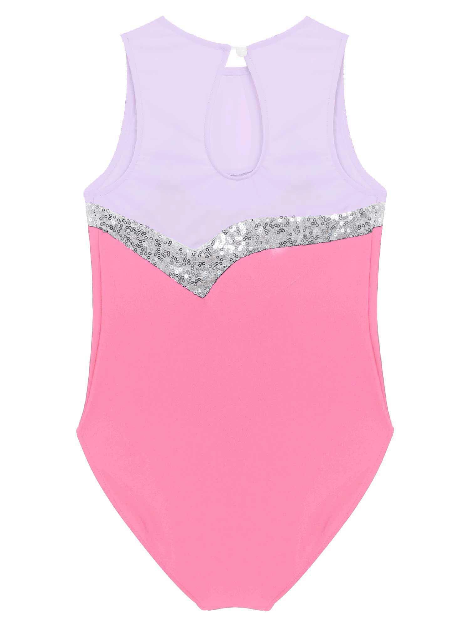 Trẻ em nữ không tay sáng bóng sequins thể dục dụng cụ thể dục dụng cụ với v-front eo quần short nhảy thể thao trang phục múa ba lê Color: Pink Size: 12