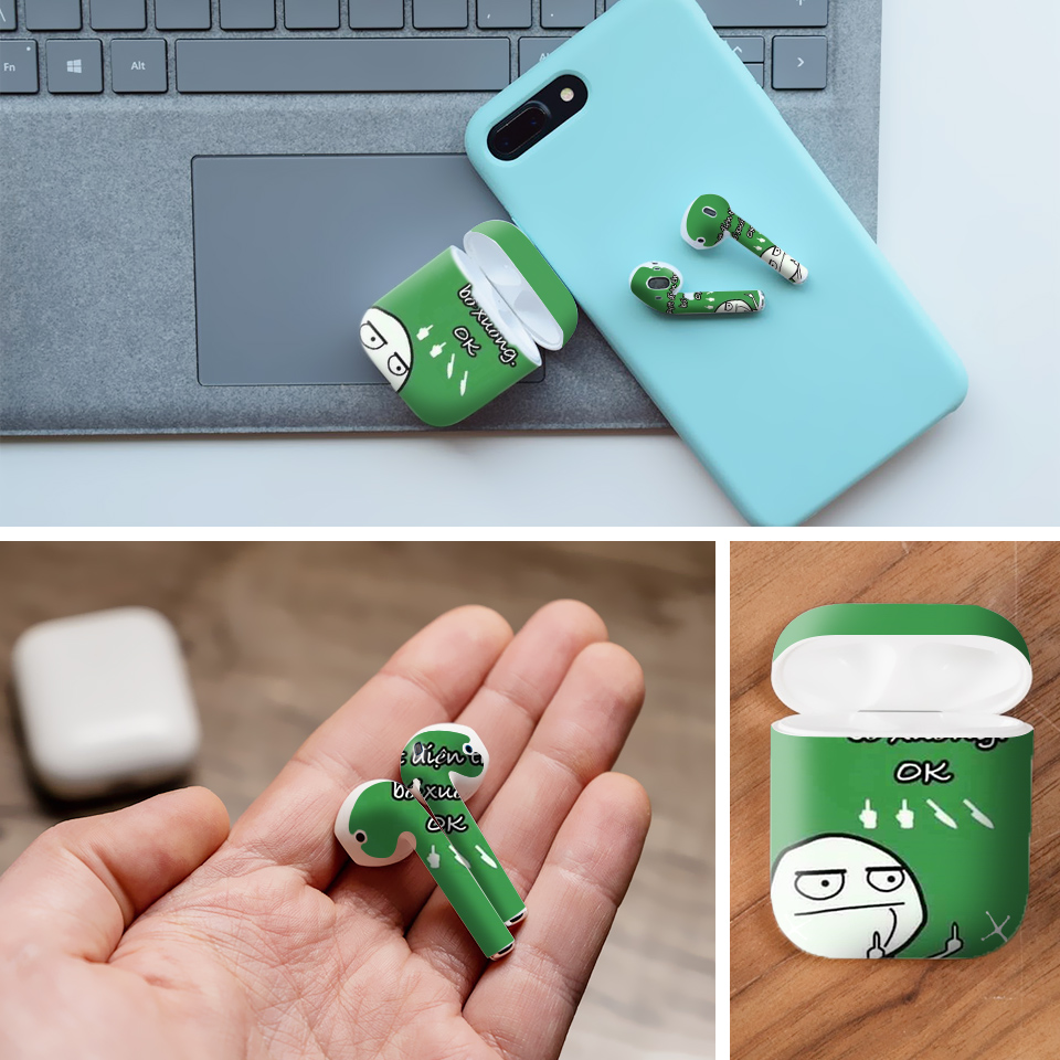 Miếng dán skin chống bẩn cho tai nghe AirPods in hình bỏ điện thoại xuống - fun005 (bản không dây 1 và 2)