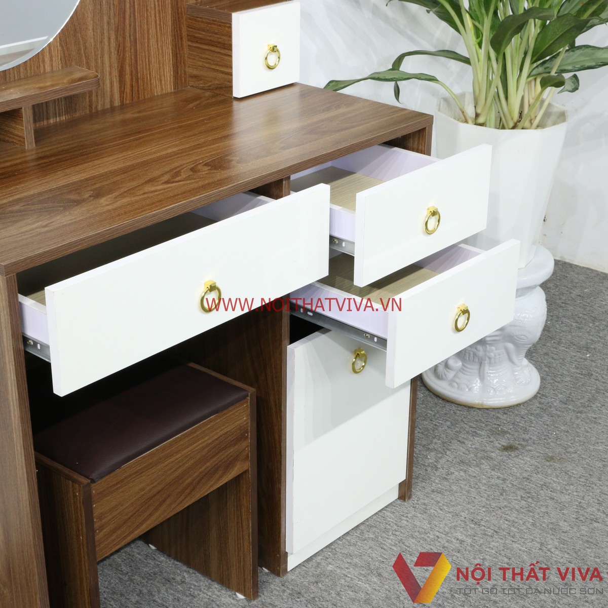 Bàn Trang Điểm Gỗ MDF Melamine Màu Óc Chó Phối Trắng Đẹp Hiện Đại