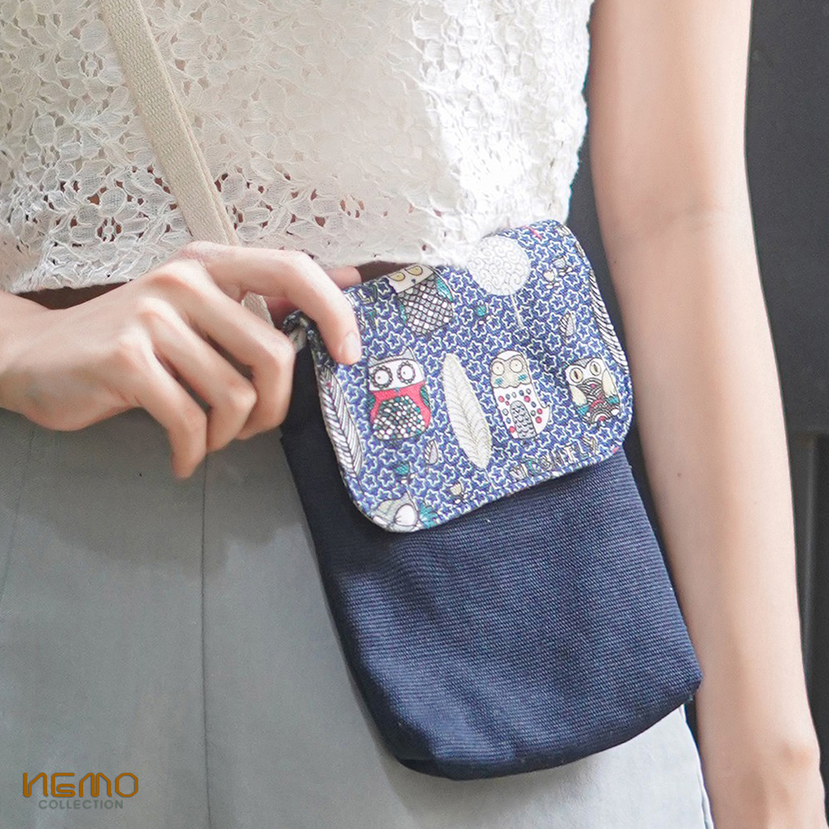 Túi Đeo Canvas, chất vải dày dặn, gồm 2 ngăn, họa tiết chim cú mèo Nemo Collection - TDC2M