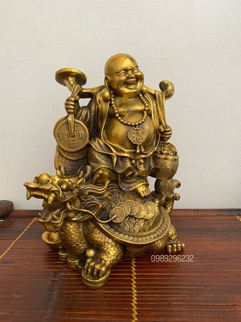 Tượng phật Di Lặc gánh tiền cưỡi long quy bằng đồng