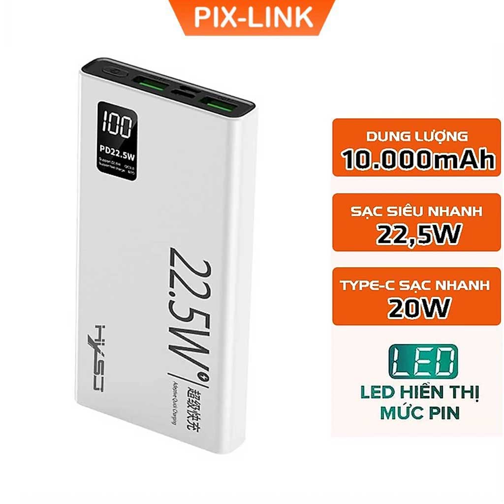 Pin Sạc Dự Phòng 10.000mAh PIX-LINK K7 - 2 Cổng sạc siêu nhanh 22.5W, Type-C 20W, Kích Thước Mỏng và Nhẹ - Hàng chính hãng/ Hàng nhập khẩu