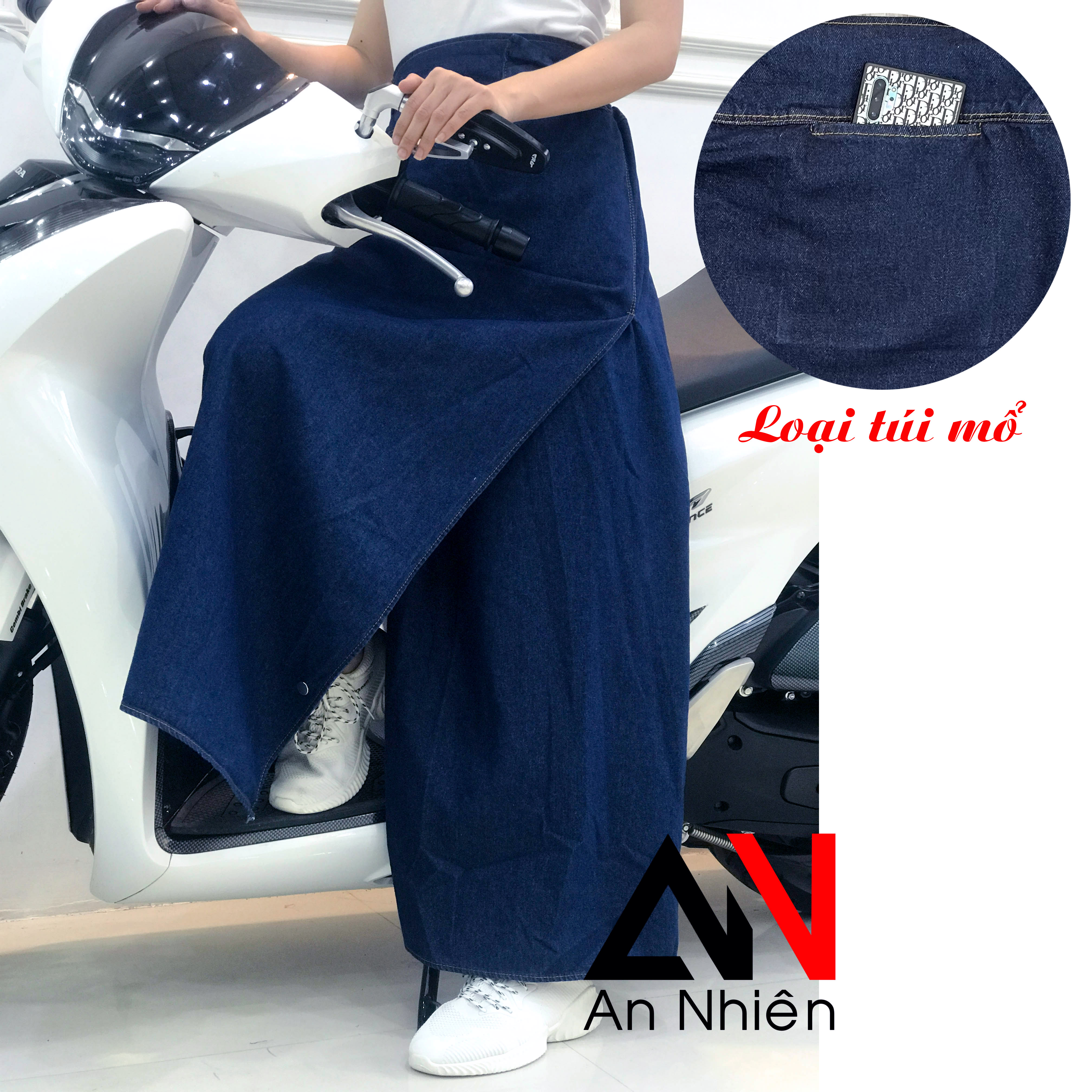 Váy chống nắng xẻ tà chất jean trơn cao cấp mềm mại dày dặn xòe rộng dài cố định bằng miếng dán kết hợp với nút bấm