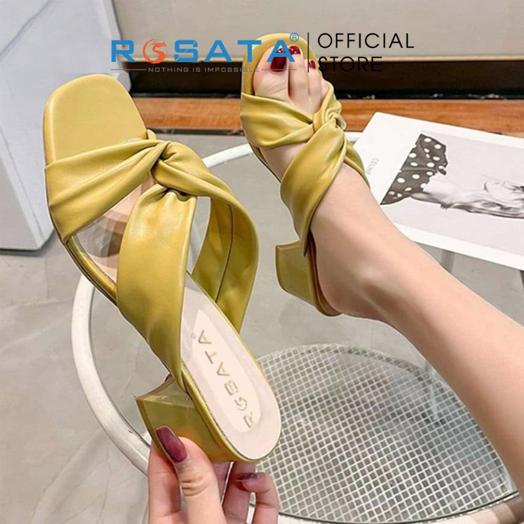 Giày sandal cao gót nữ ROSATA RO337 xỏ chân mũi tròn phối dây gót vuông cao 5cm xuất xứ Việt Nam - Kem