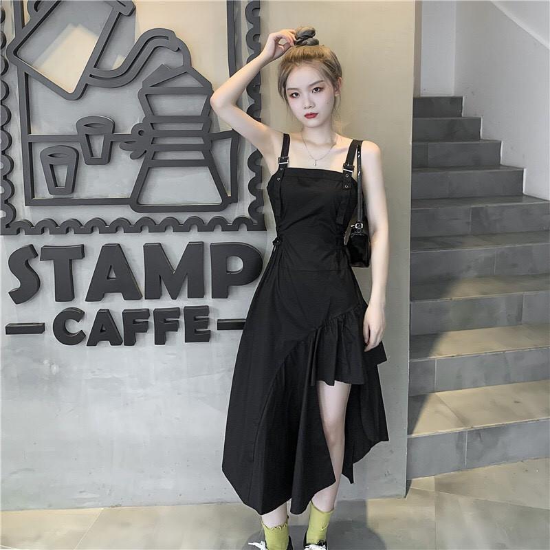 Đầm 2 Dây Đen Lêch Vạt Buộc Eo Siêu Xinh