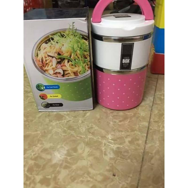 Hộp cơm giữ nhiệt chấm bi 2 tầng