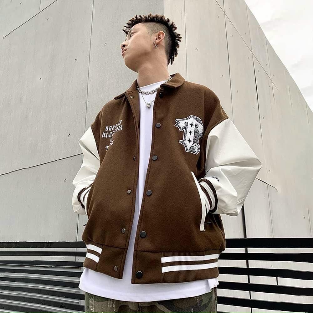 Áo khoác bomber jacket nam nữ phối Nâu thêu TIME 2 lớp, chất nỉ bông siêu đẹp nam nữ