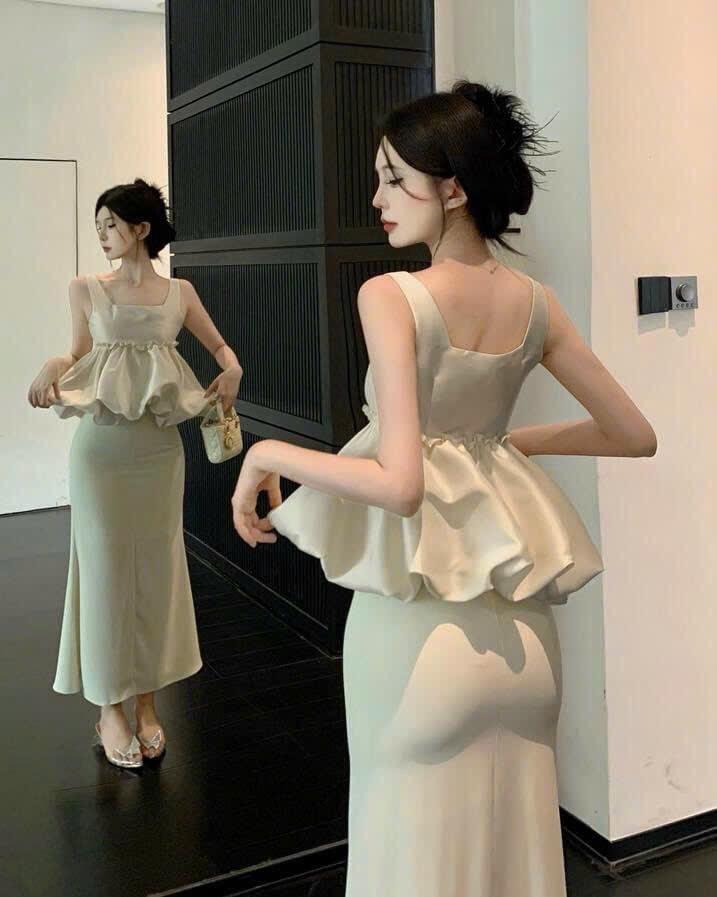 SET ĐI TIỆC, SET 2 MÓN ÁO BÍ CỔ VUÔNG DÂY PHỐI CHÂN VÁY ĐUỐI CÁ DÀI CỰC HOT - White