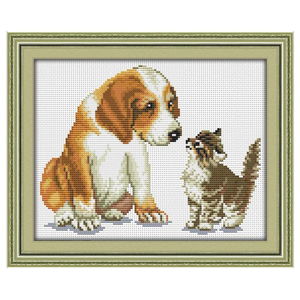 DIY Stamped Cross Stitch Kit Pre-Printed Pattern - Dog Cat 11 Count 35x29cm