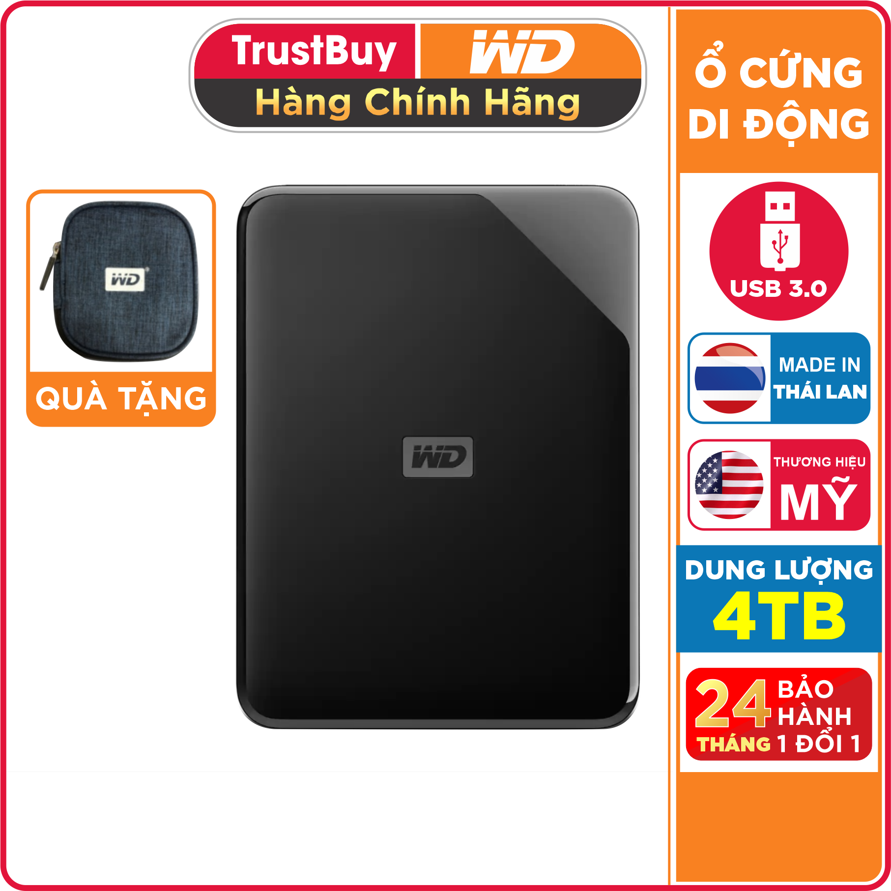 Ổ Cứng Di Động WD Elements SE 4TB USB 3.0 - WDBJRT0040BBK-WESN - Hàng Chính Hãng