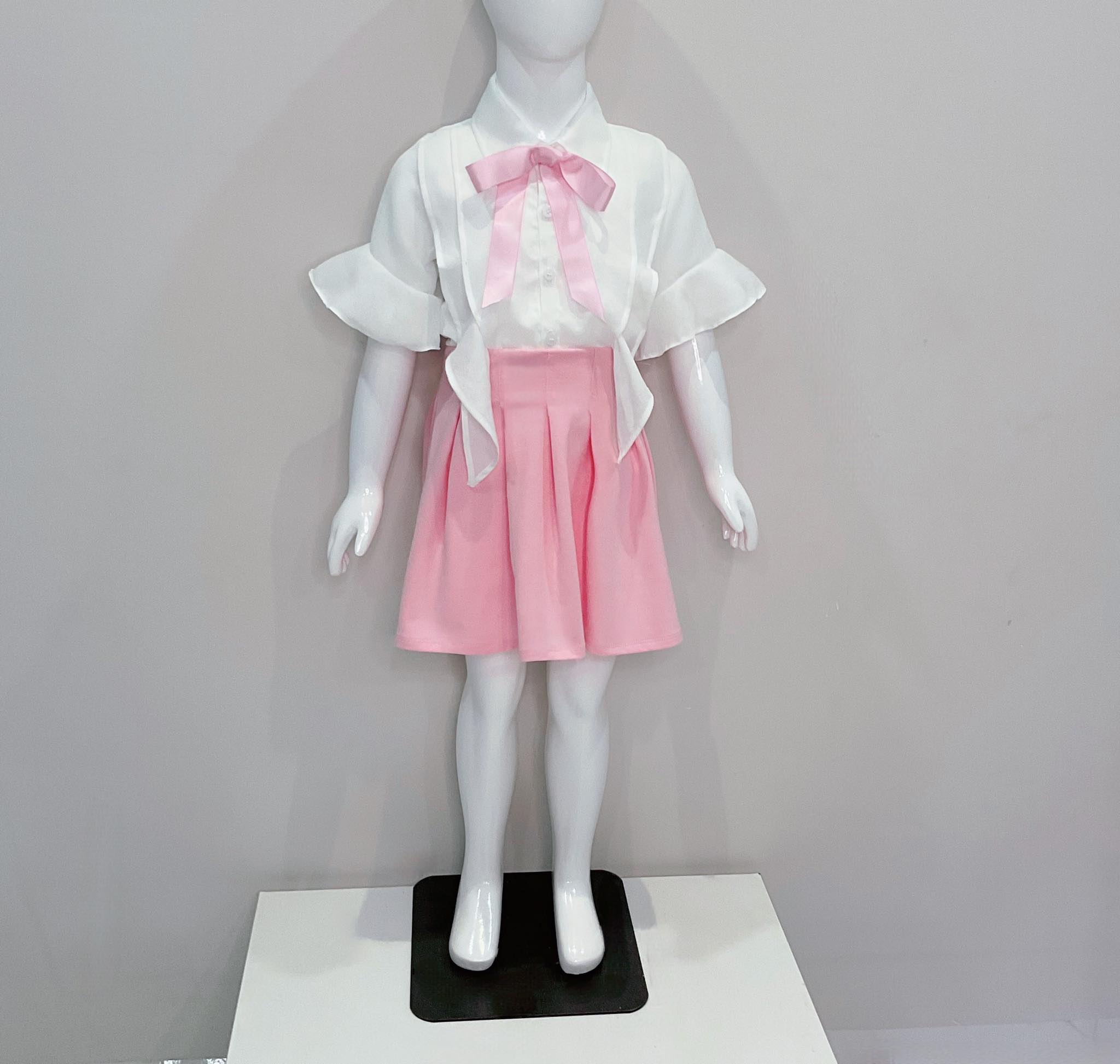 set áo sơ mi bèo trắng và chân váy hồng xinh xắn bé gái kiểu Hàn Quốc từ 4-8 tuổi Gloria kids