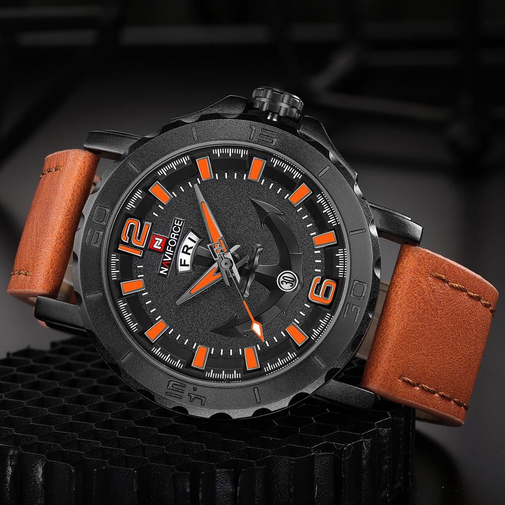  Đồng hồ đeo tay dây da chính hãng Lịch & Tuần NAVIFORCE Cool Luminous Quartz Men chống nước 3ATM